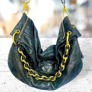 Armani Exchange Black Leather Expandable Slouchy Hobo Chain Shoulder Bag